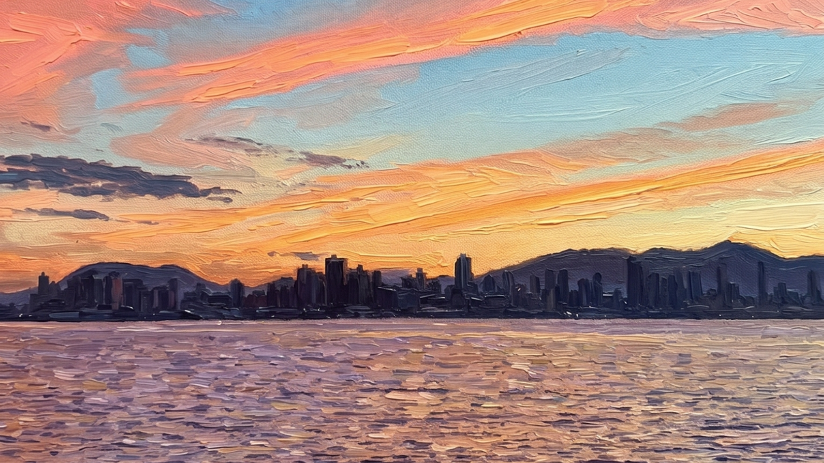 Pintura de um pôr do sol sobre o mar e a silhueta de uma cidade